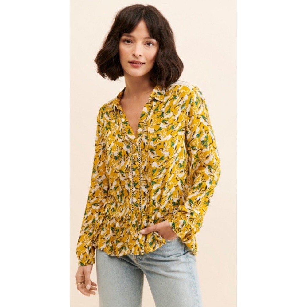 Anthropologie Maeve Janie Flounced Peasant Blouse Yellow Rabbit Print S